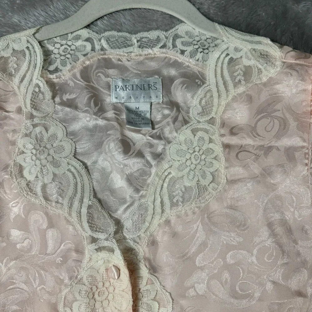 Vtg 80s Pink Satin Pajama Top‎ Medium Lace Jacquard Ballet Coquette Dainty Girly